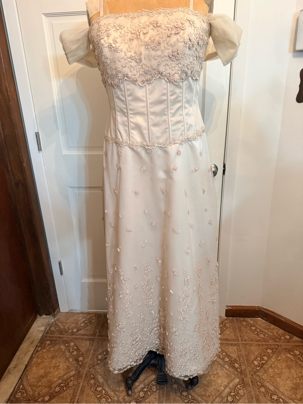 Jovani Cream Floral Lace A-Line Dress with Sheer Off-Shoulder Sleeves